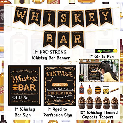 Whiskey Bar Decoration Kit, DIY Whiskey Bar Sign Aged to Perfection Party Sign Whiskey Themed Cake Toppers for Men 30th 40th 50th Birthday Decorations Whiskey Aged to Perfection Party Supplies