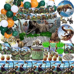 230pcs dinosaur birthday party supplies decoration set for kids, serves 10 guests with banner, backdrop, foil balloons, stickers, balloon kit, tableware, cake topper, cup cake toppers