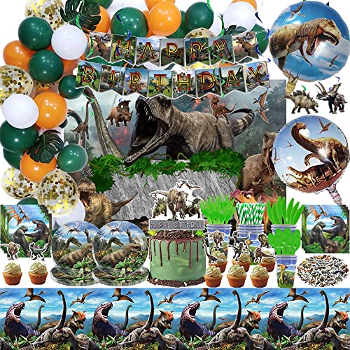 230PCS Dinosaur Birthday Party Supplies Decoration Set for Kids, Serves 10 Guests with Banner, Backdrop, Foil Balloons, Stickers, Balloon Kit, Tableware, Cake Topper, Cup Cake Toppers