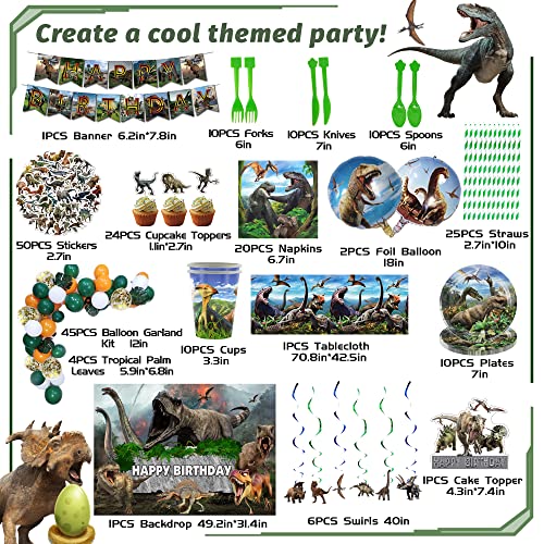 230PCS Dinosaur Birthday Party Supplies Decoration Set for Kids, Serves 10 Guests with Banner, Backdrop, Foil Balloons, Stickers, Balloon Kit, Tableware, Cake Topper, Cup Cake Toppers