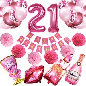 crenics 21st birthday decorations for her – hot pink happy birthday banner, pom poms, 21 number balloon, lipstick champagne balloons and 24 latex balloons for 21st girls women birthday party supplies