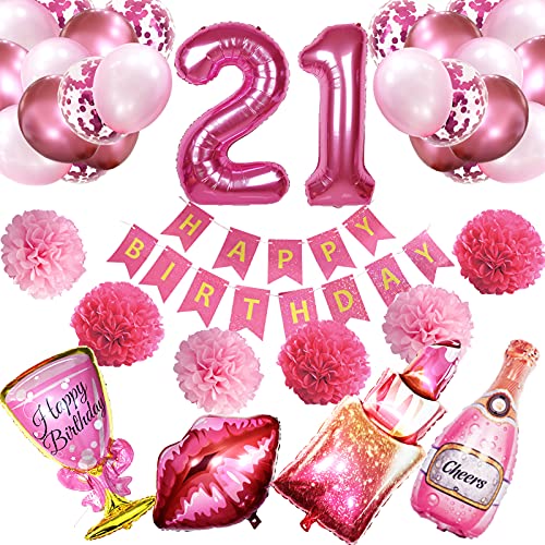 Crenics 21st Birthday Decorations for Her - Hot Pink Happy Birthday Banner, Pom Poms, 21 Number Balloon, Lipstick Champagne Balloons and 24 Latex Balloons for 21st Girls Women Birthday Party Supplies