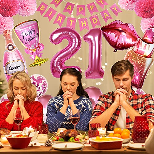 Crenics 21st Birthday Decorations for Her - Hot Pink Happy Birthday Banner, Pom Poms, 21 Number Balloon, Lipstick Champagne Balloons and 24 Latex Balloons for 21st Girls Women Birthday Party Supplies