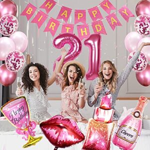 Crenics 21st Birthday Decorations for Her - Hot Pink Happy Birthday Banner, Pom Poms, 21 Number Balloon, Lipstick Champagne Balloons and 24 Latex Balloons for 21st Girls Women Birthday Party Supplies