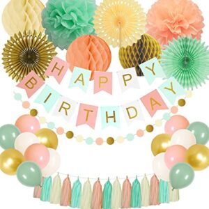 happy birthday decorations for girls women, happy birthday banner, hanging paper fan honeycomb ball tissue pompoms garland balloons for mint green gold peach birthday party decorations supplies