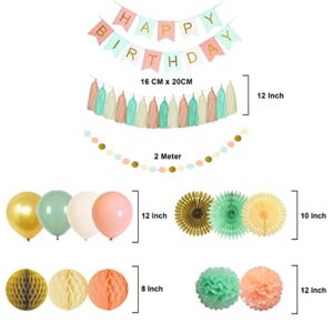 Happy Birthday Decorations for Girls Women, Happy Birthday Banner, Hanging Paper Fan Honeycomb ball Tissue Pompoms Garland Balloons for Mint Green Gold Peach Birthday Party Decorations Supplies