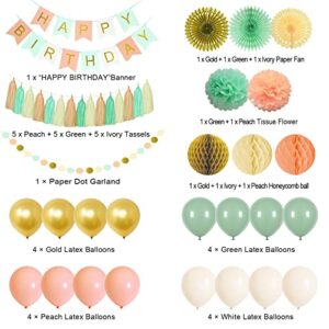 Happy Birthday Decorations for Girls Women, Happy Birthday Banner, Hanging Paper Fan Honeycomb ball Tissue Pompoms Garland Balloons for Mint Green Gold Peach Birthday Party Decorations Supplies