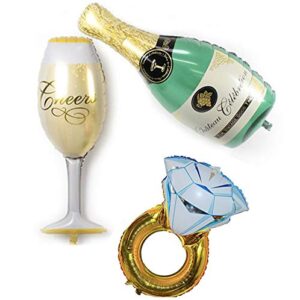 cheeseandu 3packs party large foil balloons – green bottle & champagne goblet & diamond ring for bar valentines wedding decors aluminium balloon birthday party decoration supplies (sty-4)