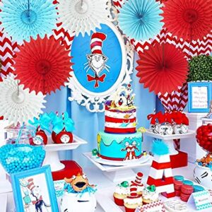 Dr Seuss Cat in The Hat Birthday Decorations Thing 1 and Thing 2 Decorations/Cat in The Hat Baby Shower Decorations/Turquoise Red Tissue Paper Fans for Circus Carnival Birthday Party Decorations