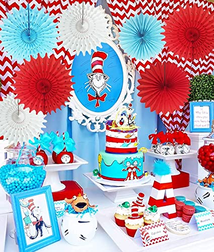 Dr Seuss Cat in The Hat Birthday Decorations Thing 1 and Thing 2 Decorations/Cat in The Hat Baby Shower Decorations/Turquoise Red Tissue Paper Fans for Circus Carnival Birthday Party Decorations