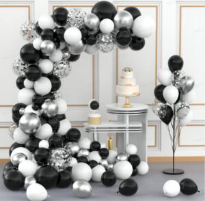 black white balloon garland kit kelfara 120pcs different sizes 12/10/5 inch matte black white and metallic silver confetti latex balloons for wedding birthday party accessory arch decoration