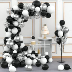 Black White Balloon Garland Kit Kelfara 120Pcs Different Sizes 12/10/5 inch Matte Black White and Metallic Silver Confetti Latex Balloons for Wedding Birthday Party Accessory Arch Decoration