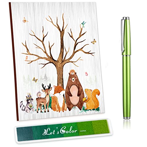 Woodland Fingerprints Tree Guest Book Baby Shower Guest Book with Ink Pad Wooden Plaque Alternative Guestbook with Ballpoint Pen Bears Sign in Guest Book Gift for Baby Shower Birthday Party Wedding