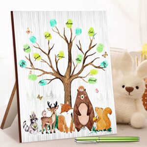Woodland Fingerprints Tree Guest Book Baby Shower Guest Book with Ink Pad Wooden Plaque Alternative Guestbook with Ballpoint Pen Bears Sign in Guest Book Gift for Baby Shower Birthday Party Wedding