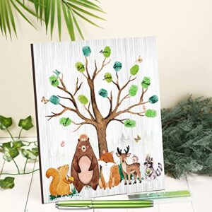 Woodland Fingerprints Tree Guest Book Baby Shower Guest Book with Ink Pad Wooden Plaque Alternative Guestbook with Ballpoint Pen Bears Sign in Guest Book Gift for Baby Shower Birthday Party Wedding