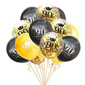 90th Birthday Balloons Black Gold Party Decorations Latex Confetti Balloon for Women Men 90 Year Old Anniversary Theme Birthday Party Supplies 15 pack 12 Inch(90 years old)