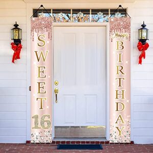 sweet 16th birthday door banner decorations for girls, pink rose gold sweet 16th birthday backdrop porch sign party supplies, happy sweet sixteen year old birthday decor for outdoor indoor