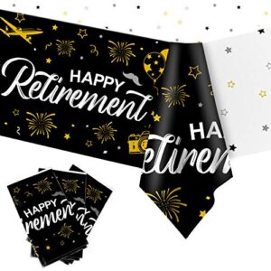 retirement decorations, 3pcs black and gold happy retirement tablecloth, plastic disposable rectangle table cover for retirement party favor decorations- 54″ x 108″
