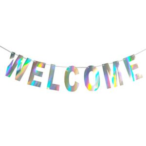 holographic welcome banner decorations sign, iridescent hanging bunting string flag garland for welcome baby shower, deployment homecoming, family reunion, military homecoming party