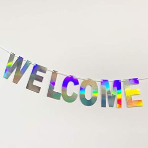 Holographic Welcome Banner Decorations Sign, Iridescent Hanging Bunting String Flag Garland for Welcome Baby Shower, Deployment Homecoming, Family Reunion, Military Homecoming Party
