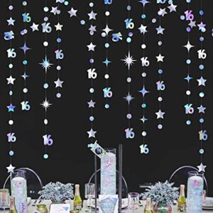 iridescent number 16 circle dot twinkle star garland kit metallic hanging streamer bunting banner backdrop decorations for girls 16th birthday sweet sixteen wedding anniversary bridal shower party