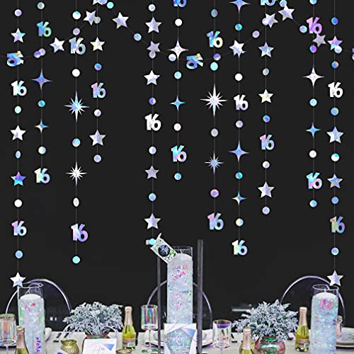 Iridescent Number 16 Circle Dot Twinkle Star Garland Kit Metallic Hanging Streamer Bunting Banner Backdrop Decorations for Girls 16th Birthday Sweet Sixteen Wedding Anniversary Bridal Shower Party