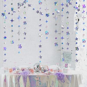 Iridescent Number 16 Circle Dot Twinkle Star Garland Kit Metallic Hanging Streamer Bunting Banner Backdrop Decorations for Girls 16th Birthday Sweet Sixteen Wedding Anniversary Bridal Shower Party