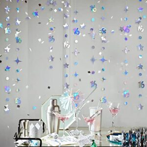Iridescent Number 16 Circle Dot Twinkle Star Garland Kit Metallic Hanging Streamer Bunting Banner Backdrop Decorations for Girls 16th Birthday Sweet Sixteen Wedding Anniversary Bridal Shower Party