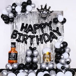 black and white birthday decorations for men women boys girls 94pcs black silver balloons arch garland kit party decorations for him her with happy birthday banner fringe curtain whiskey bottle