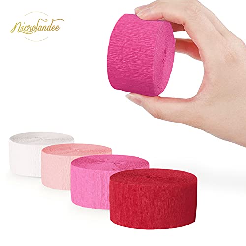 NICROLANDEE 5 Rolls Pink Red White Crepe Paper Streamers for Wedding, Birthday, Valentine's Day Decorations, Bachelorette, Bridal/Baby Shower, Backdrop or Photo Booth