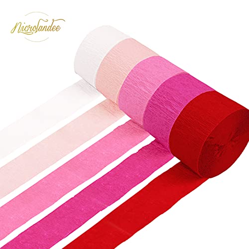 NICROLANDEE 5 Rolls Pink Red White Crepe Paper Streamers for Wedding, Birthday, Valentine's Day Decorations, Bachelorette, Bridal/Baby Shower, Backdrop or Photo Booth