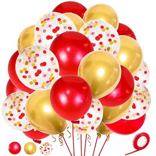 Red Gold Balloons 50 Pack, 12 inch Royal Red Latex Balloon, Metallic Gold balloons, Red Gold Mix Confetti balloon with 1 Ribbon for Christmas Valentines Day Party Decorations