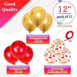 Red Gold Balloons 50 Pack, 12 inch Royal Red Latex Balloon, Metallic Gold balloons, Red Gold Mix Confetti balloon with 1 Ribbon for Christmas Valentines Day Party Decorations