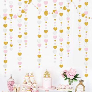 52 ft pink and gold white love heart garland hanging paper streamer banner for anniversary mother’s day valentines day bachelorette engagement wedding bridal baby shower birthday party decorations