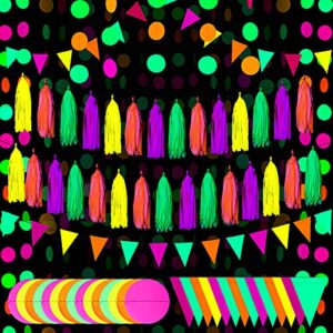 Glow Neon Party Supplies Including Neon Paper Garland 20 Pieces Neon Paper Tassels Garland and Neon Triangle Flags Bunting for Birthday Party Wedding Black Light Reactive UV Glow Party Decorations