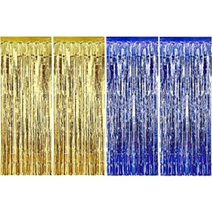 sumind 4 pack foil curtains metallic fringe curtains shimmer curtain for birthday wedding party christmas decorations (blue and gold)