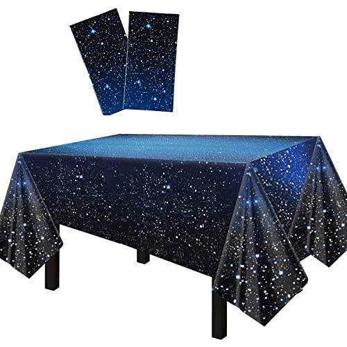 FECEDY 2 Packs 54"x108" Star Universe Blue Wave Point Disposable Plastic Table Cover Waterproof Tablecloths for Rectangle Tables up to 8 ft in Length Party Decorations