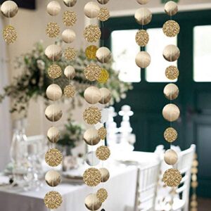 OuMuaMua 5Pcs Glitter Champagne Gold Paper Circle Dots Garland Banners Streamers Hanging Bunting Ornament for Engagement Party Bridal Shower Wedding Baby Shower Christmas Room Decor (65 Feet)