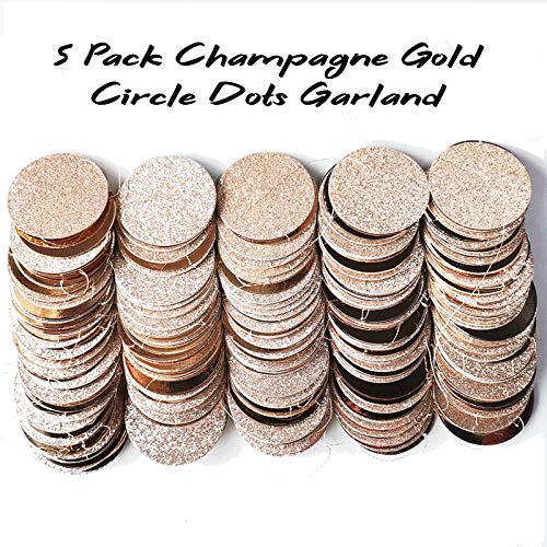 OuMuaMua 5Pcs Glitter Champagne Gold Paper Circle Dots Garland Banners Streamers Hanging Bunting Ornament for Engagement Party Bridal Shower Wedding Baby Shower Christmas Room Decor (65 Feet)