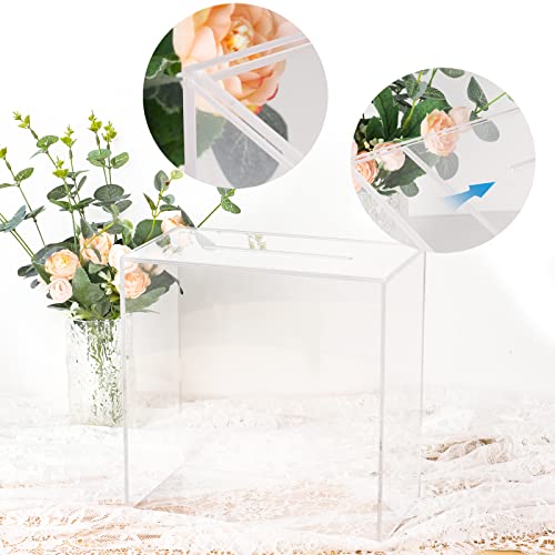 Clear Acrylic Wedding Card Box Large DIY Card Boxes with 4 "Card" Text Stickers Gift Card Box Money Box Holder for Wedding Reception Anniversary Birthday Party Baby Shower Graduation Decorations (10 x 10 x 5.5 inch)