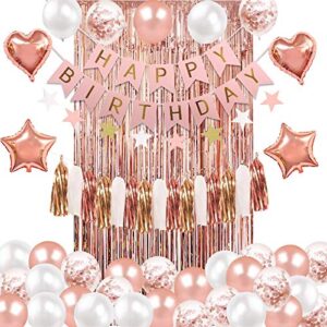 rose gold birthday party decorations, happy birthday banner, rose gold confetti and white balloons, foil balloon, tassels, foil fringe curtains for girl birthday supplies