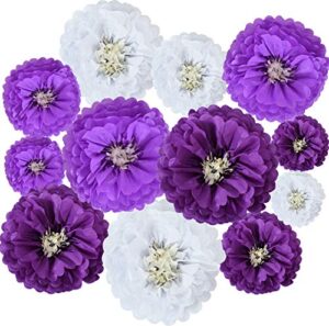 beishida lavender purple white hanging tissue paper flowers paper chrysanth flowers diy crafting for halloween wedding birthday baby shower backdrop nursery wall party decoration（12 packs）
