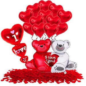 giant, teddy bear balloons set – 40 inch, pack of 14 | pack of 1000 red rose petals for valentines day decor | red heart shaped balloons, i love you balloons for romantic decorations special night