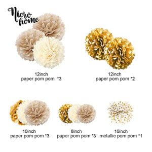 NICROHOME White Gold Party Decorations -12 PCS White Gold Champagne Tissue Paper Pom Poms for Birthday Graduation Décor Baby Shower Bridal Shower Prom Festival Decorations and Party Backdrop Decor