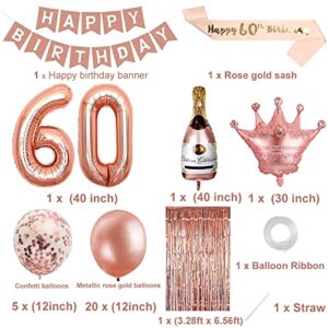 60th Birthday Decorations for Women, Rose Gold 60 Birthday Party Decoration for Her, 60 Years Old Happy Birthday Banner Kits Rose gold Balloons Decoration for Women 60th Birthday Party Supplies