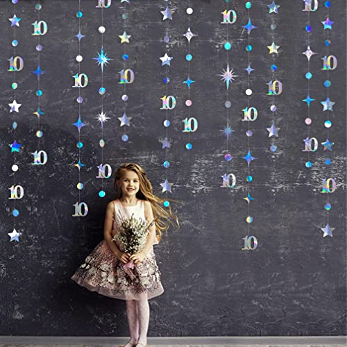 Iridescent 10th Birthday Decorations Number 10 Circle Dot Twinkle Star Garland Metallic Hanging Streamer Bunting Banner Backdrop for Girls Boys Ten Year Old Birthday 10th Anniversary Party Supplies