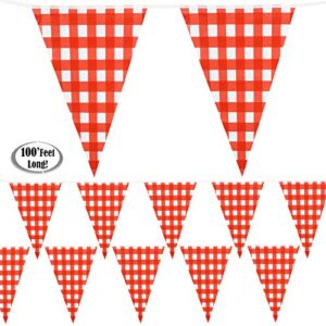 red checkered banner 100’ feet long | gingham pennant flags | red and white checkered pennant banner | carnival, picnic, party red checkered flags | by anapoliz