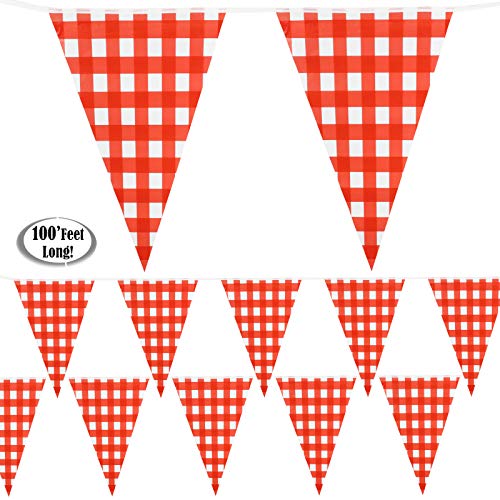 Red Checkered Banner 100’ Feet Long | Gingham Pennant Flags | Red and White Checkered Pennant Banner | Carnival, Picnic, Party Red Checkered Flags | By Anapoliz