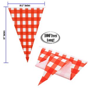 Red Checkered Banner 100’ Feet Long | Gingham Pennant Flags | Red and White Checkered Pennant Banner | Carnival, Picnic, Party Red Checkered Flags | By Anapoliz