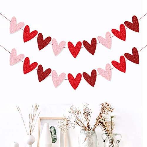 XIANMU 2 Pack Glittery Heart Banner Garland Valentines Day Decorations Pre-Strung Romantic Heart Bunting for Anniversary Wedding Engagement Birthday Baby Shower Party Decoration 3 Colors